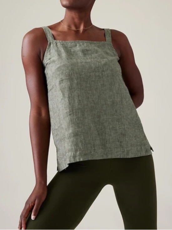 Athleta Tops - Athleta Voyager Olive Green  Square-Neck Linen Tank Adj. Straps Size L Gorpcore